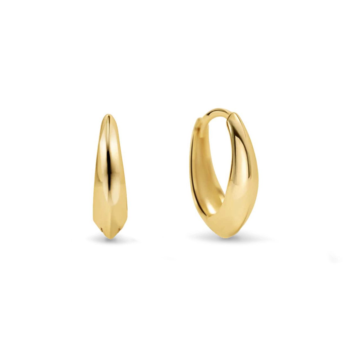 Gold vermeil teardrop huggie hoops with a tapered ridge, front and side views on a white background