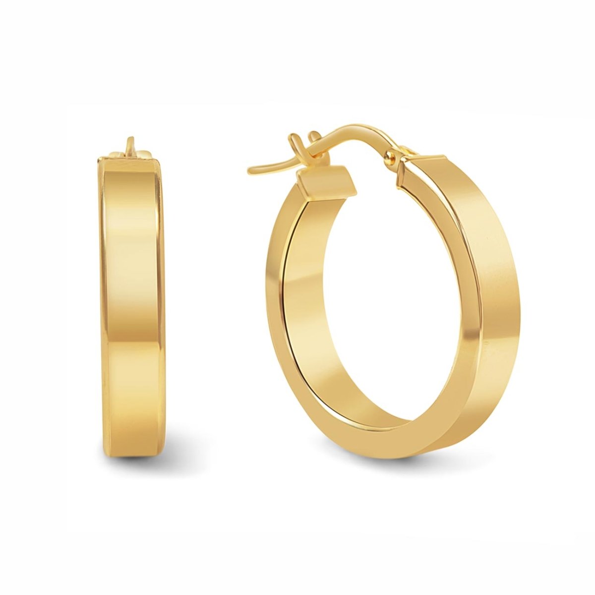 Gold vermeil flat square-edge block hoop earrings with a hinged closure, on a white background