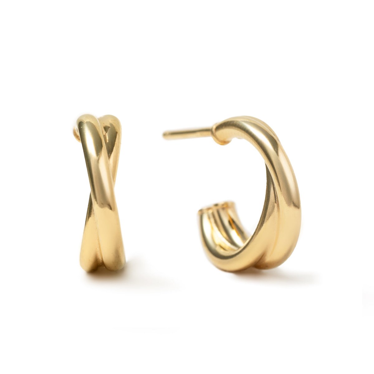 Gold vermeil criss cross mini hoops with twisted bands, shown as a pair on a white background