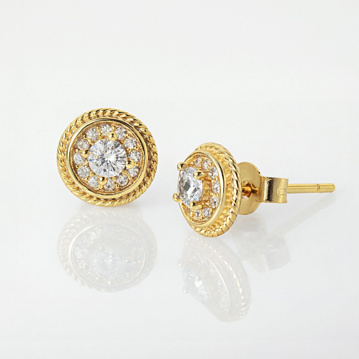 Gold vermeil roped halo studs with white zirconia, front and side view on a white background