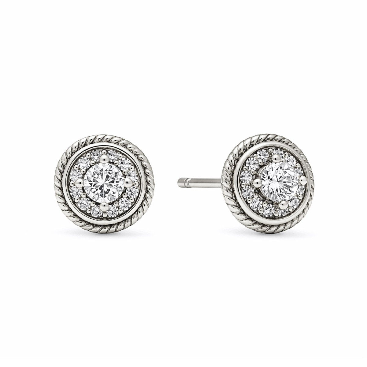 Sterling silver halo studs with a central white zirconia and roped border, on a white background