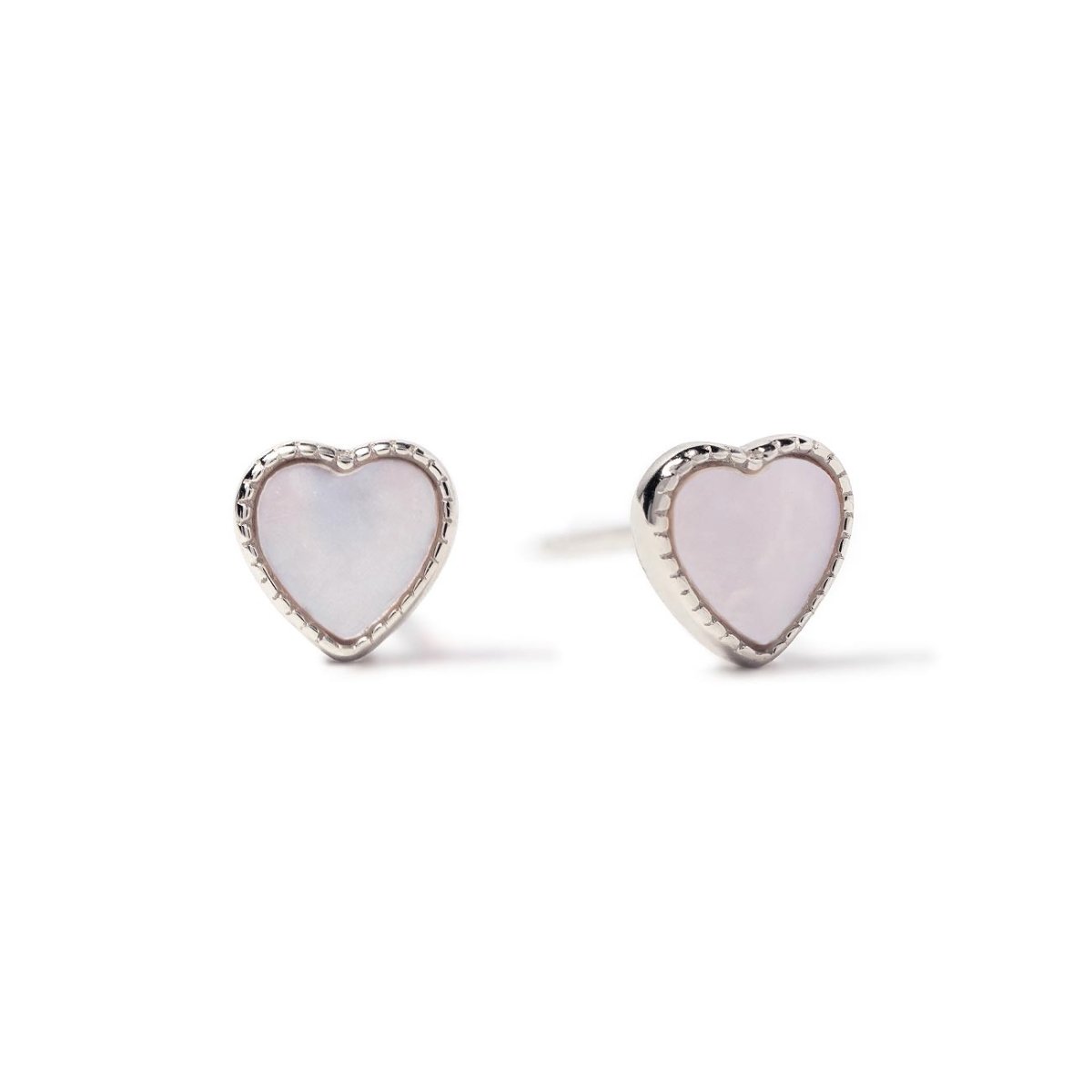 Sterling silver mini heart stud earrings with mother of pearl centers, on a white background