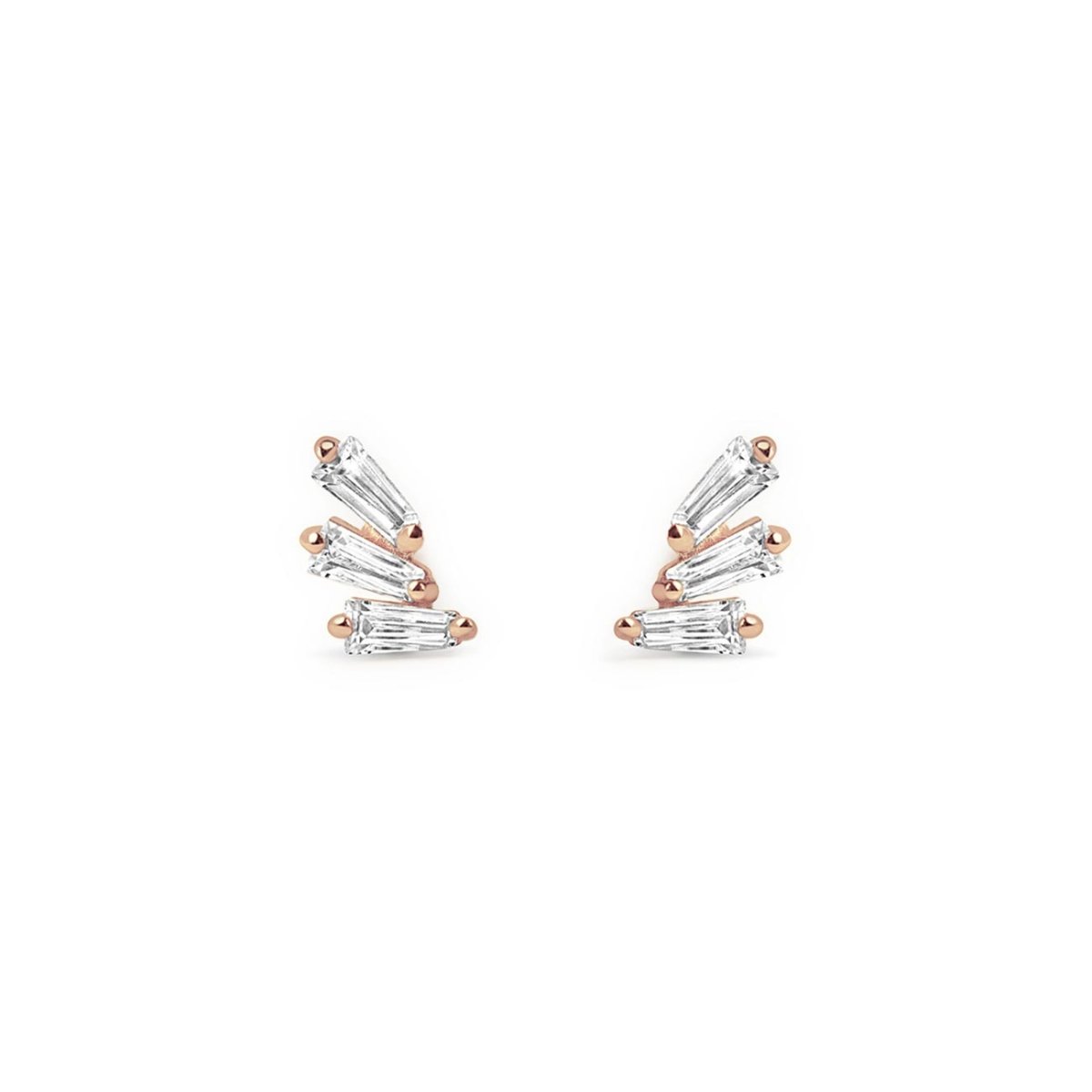 Rose gold vermeil stud earrings with fanned clear baguette stones, on a white background