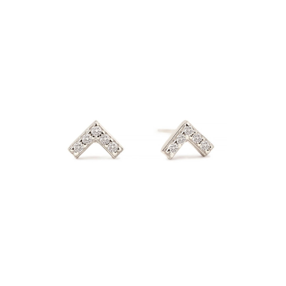 Sterling silver chevron stud earrings pavé-set with clear stones, on a white background