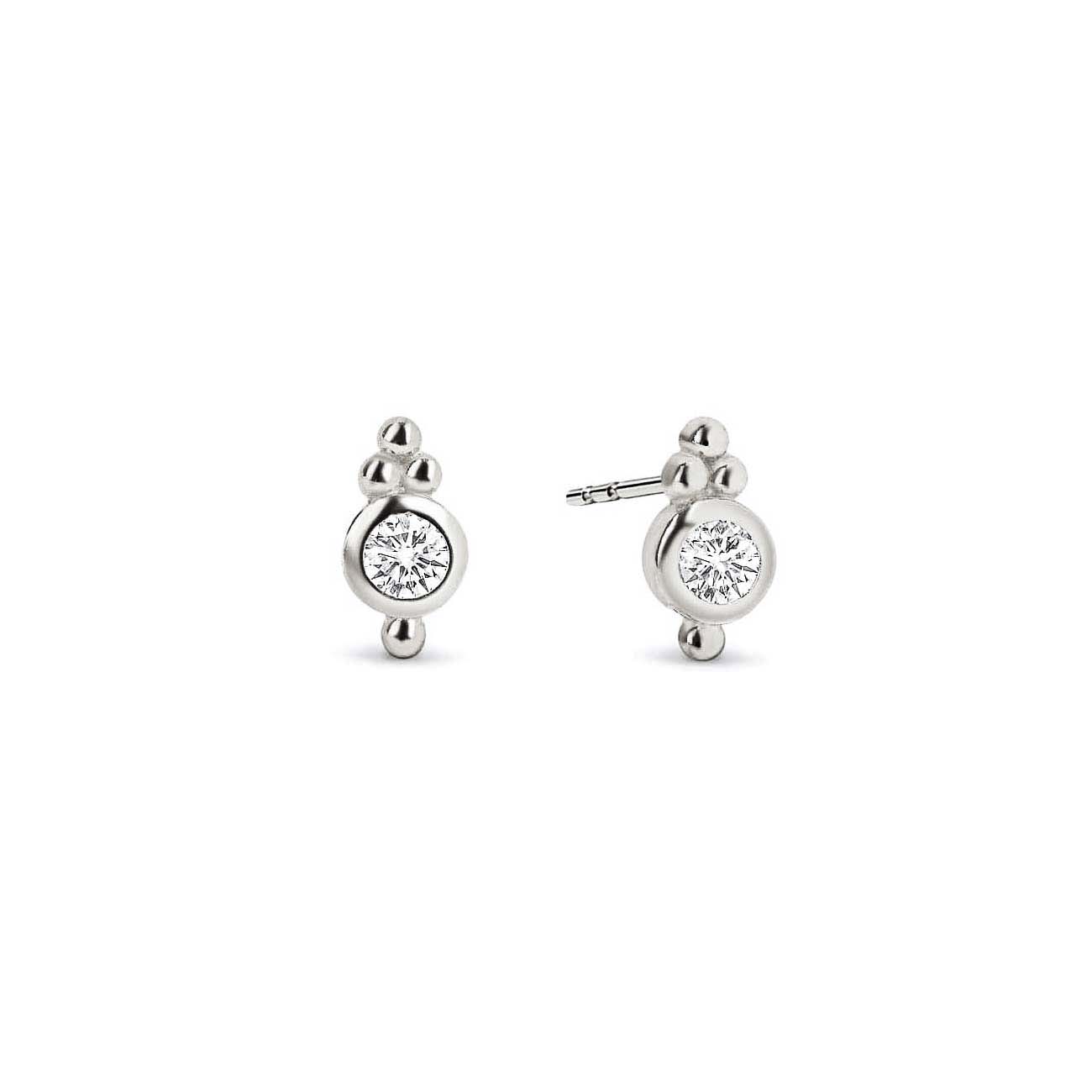 Sterling silver bezel stud earrings with a round clear zirconia and beaded accents, on a white background