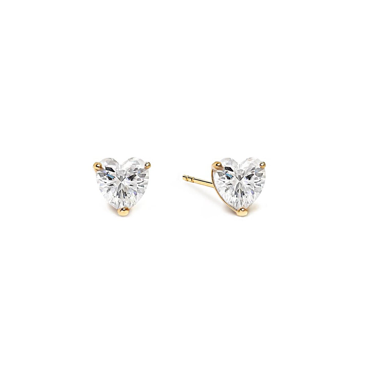 Gold vermeil heart studs with clear white zirconia stones in claw settings, on a white background