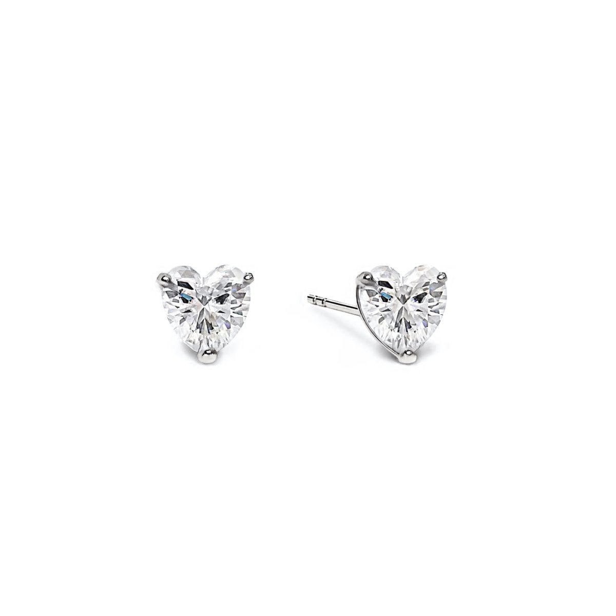 Sterling silver heart studs with clear white zirconia stones in claw settings, on a white background