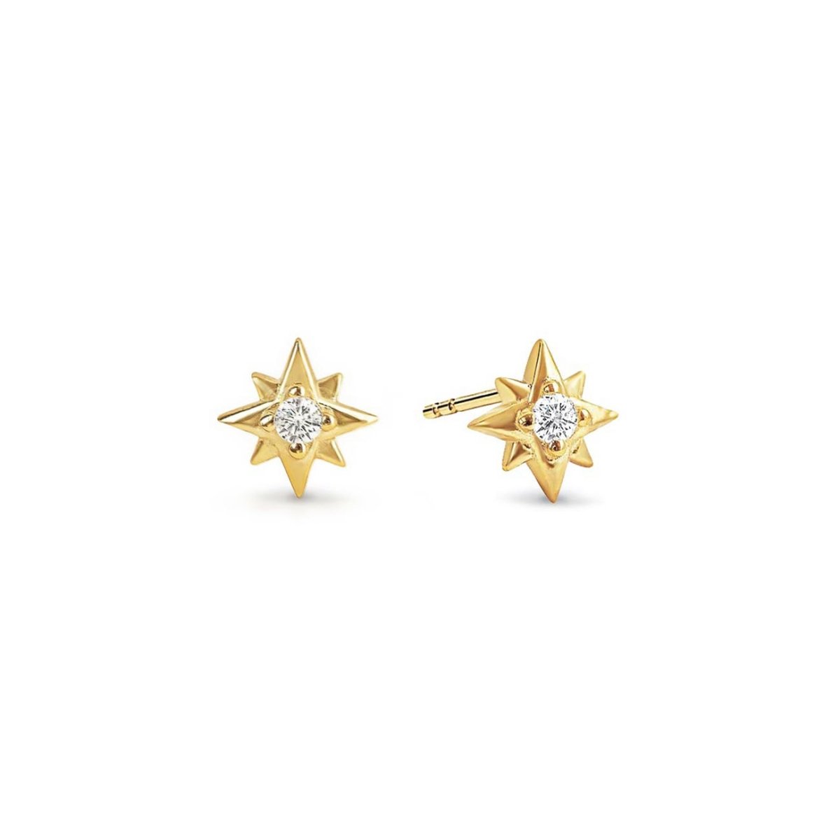 Pair of gold vermeil six-point star studs with white zirconia center stones, on a white background