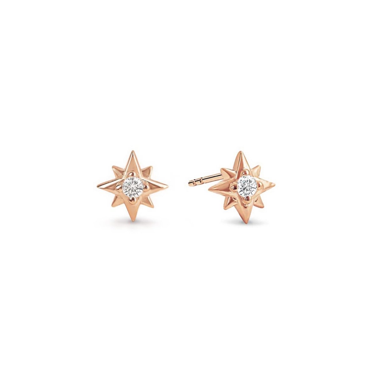 Pair of rose gold vermeil six-point star studs with white zirconia stones, on a white background
