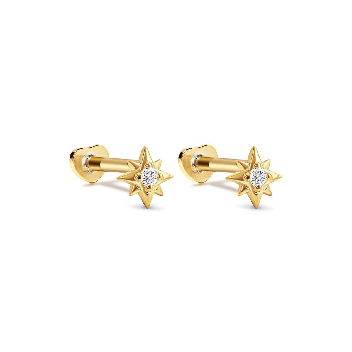Gold vermeil tiny starburst flat back studs with a clear center stone, on a white background