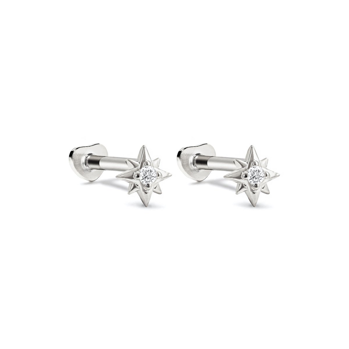 Sterling silver tiny starburst flat back studs with a clear center stone, on a white background