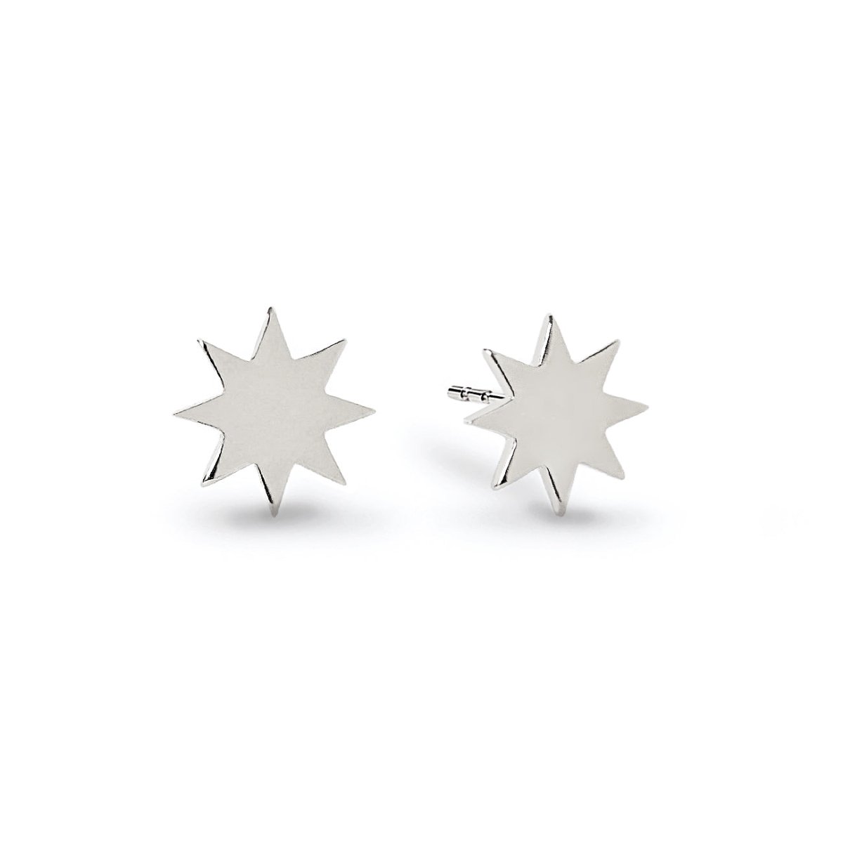 Pair of sterling silver sunburst star stud earrings shown front and side, on a white background