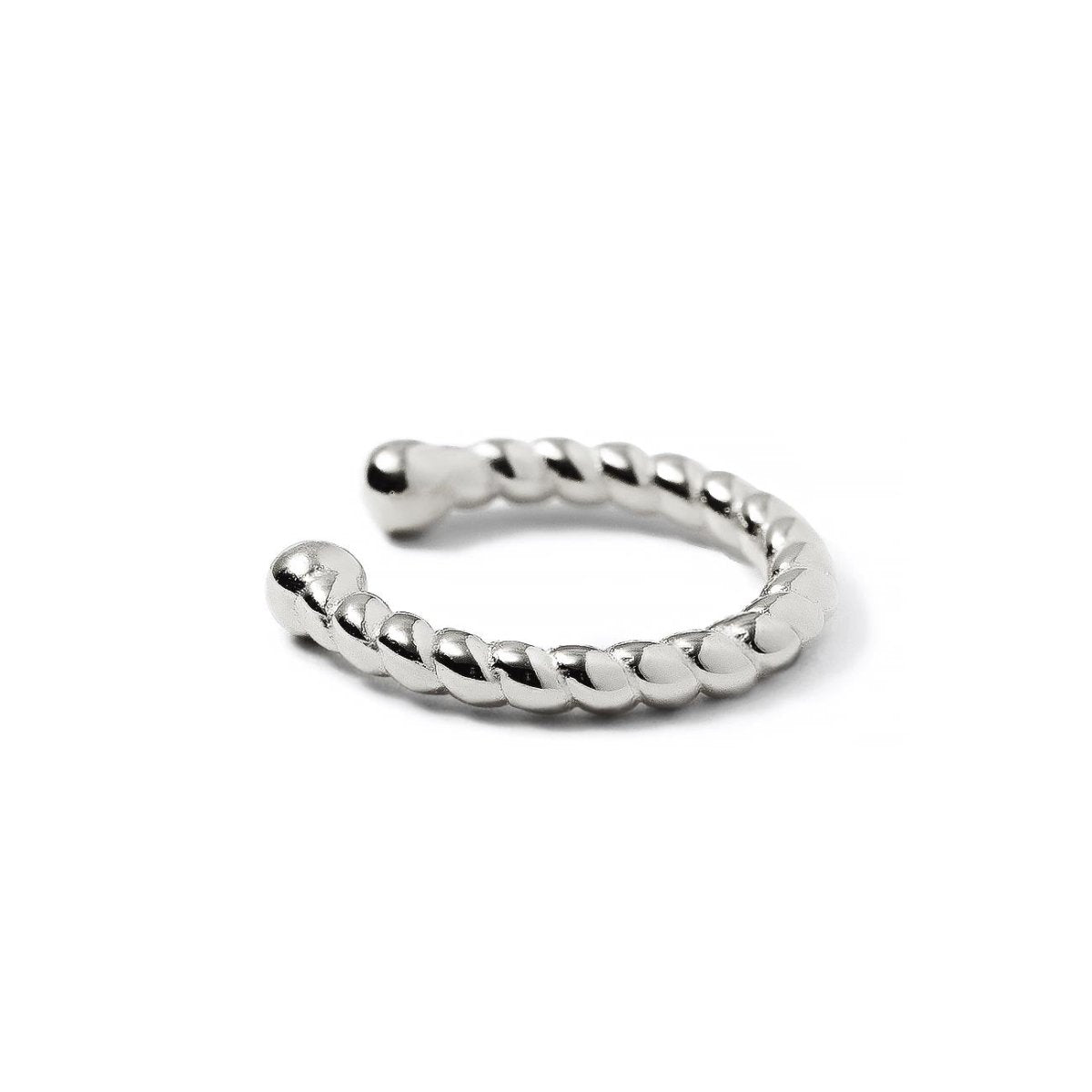 Sterling silver rope-twist ear cuff with an open band, on a white background