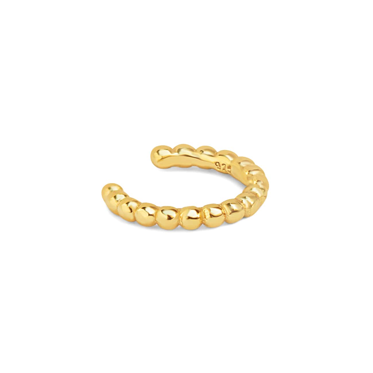 Gold vermeil beaded ear cuff with a row of round beads, on a white background
