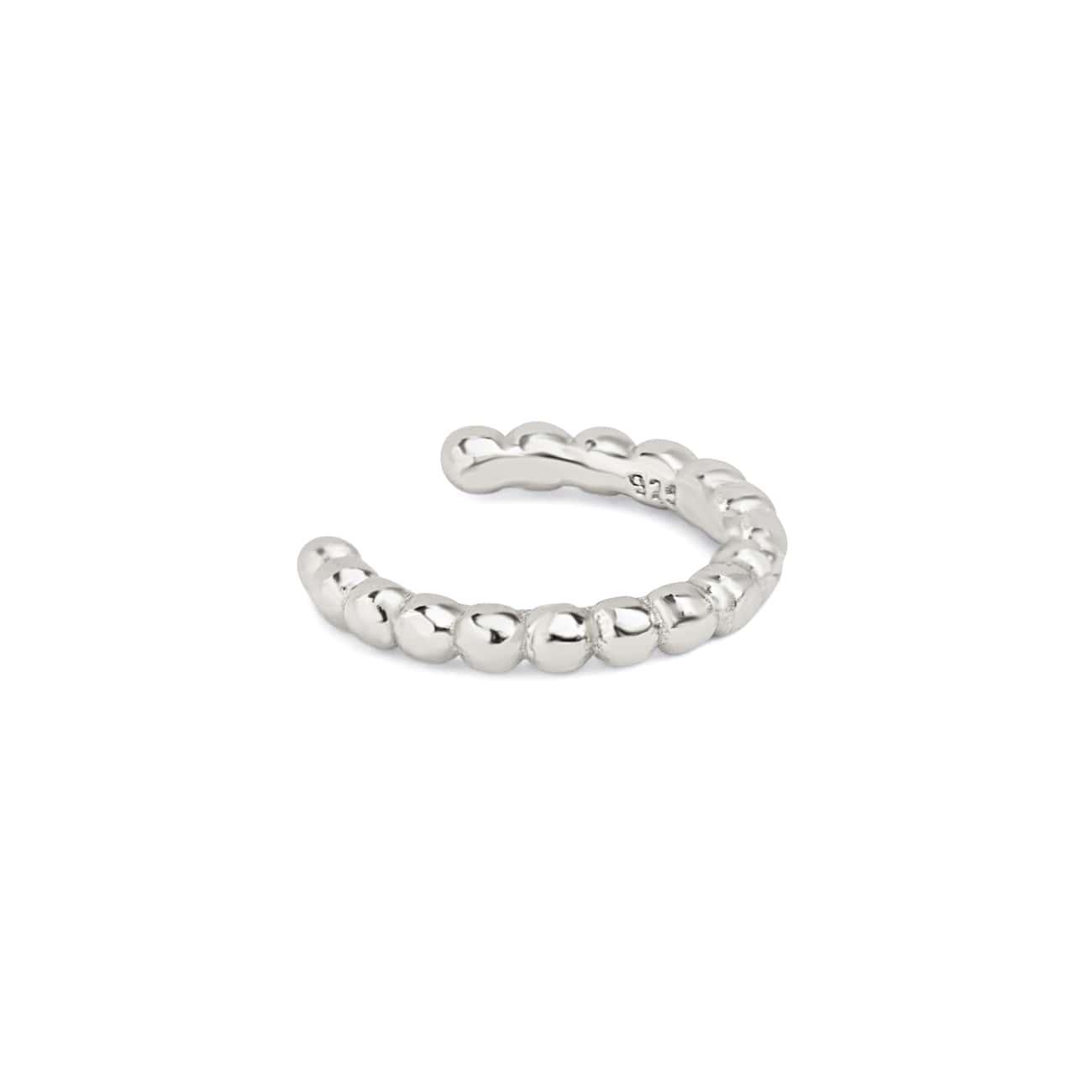 Sterling silver beaded ear cuff with a row of round beads, on a white background