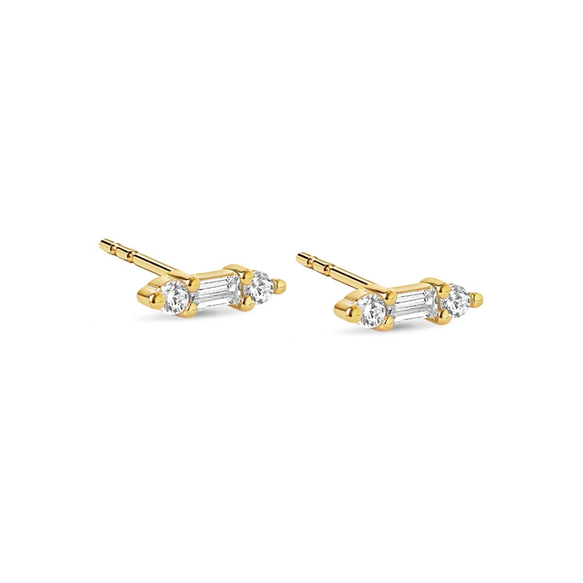 Pair of gold vermeil bar studs with a clear baguette and two round stones, on a white background