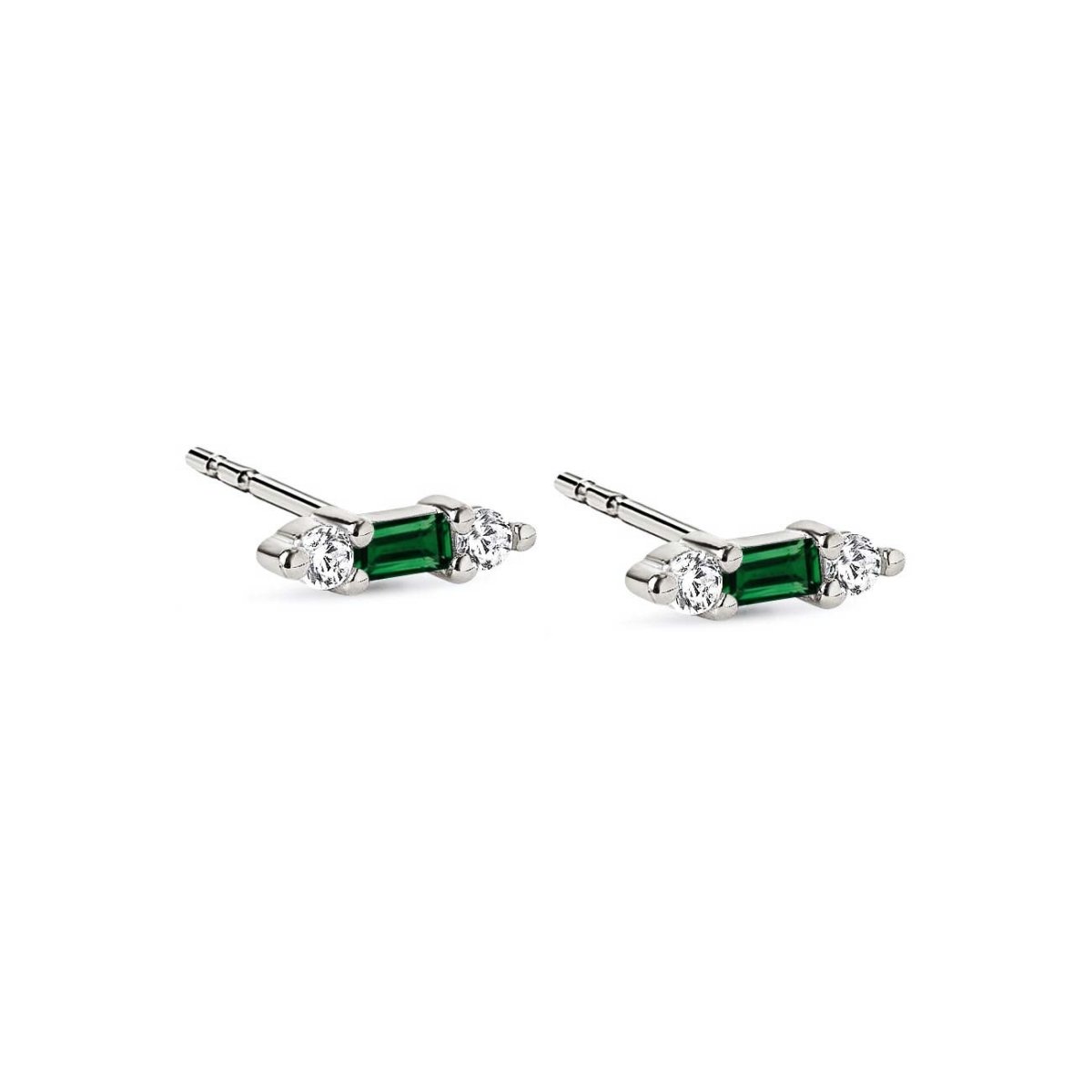 Sterling silver tiny baguette studs with a green stone flanked by two clear stones, on a white background