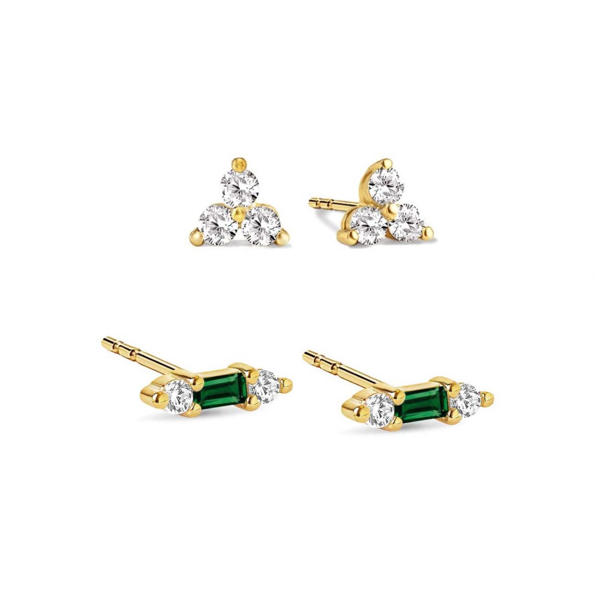 Gold vermeil stud set on a white background: a trio cluster pair and a green emerald baguette bar pair