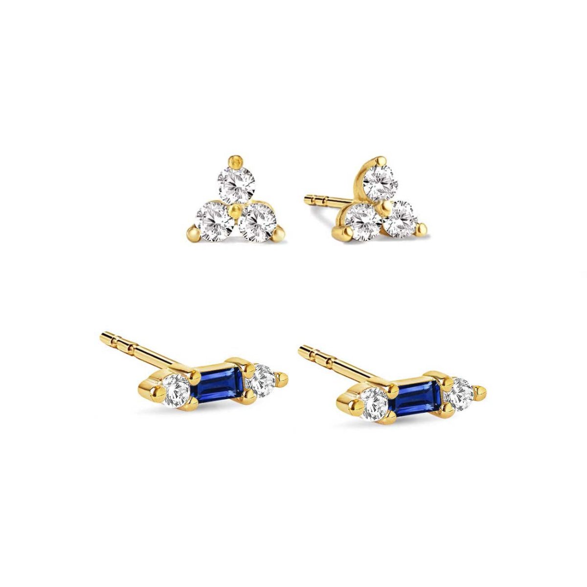 Gold vermeil stud set on a white background: a trio cluster pair and a blue sapphire baguette bar pair