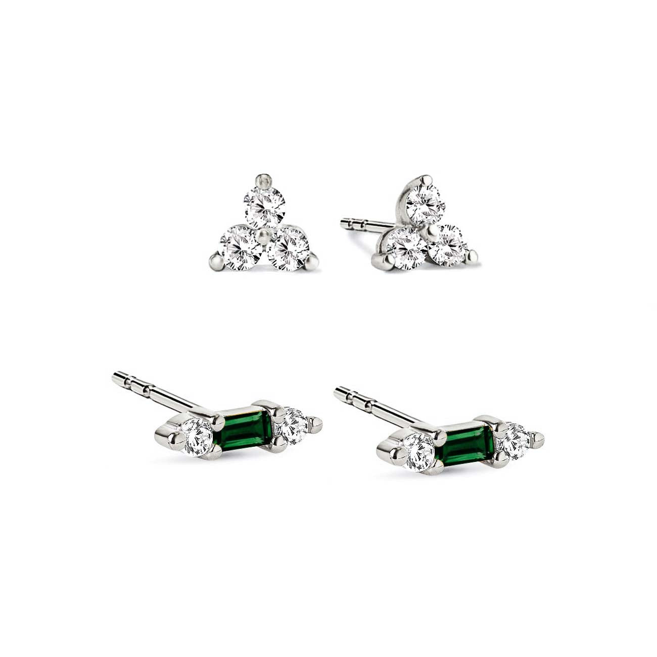 Sterling silver stud set on a white background: a trio cluster pair and a green emerald baguette bar pair