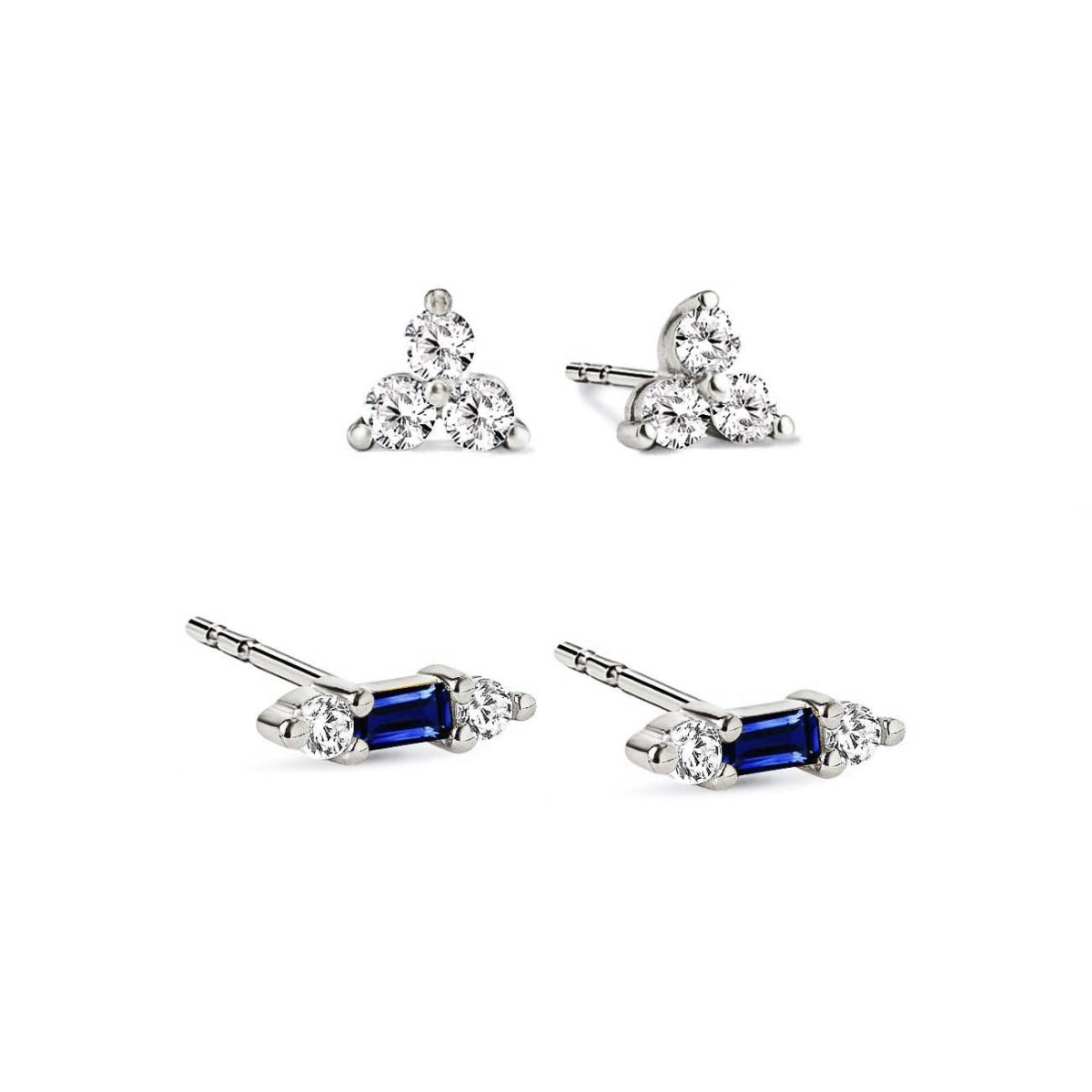 Sterling silver stud set on a white background: a trio cluster pair and a blue sapphire baguette bar pair