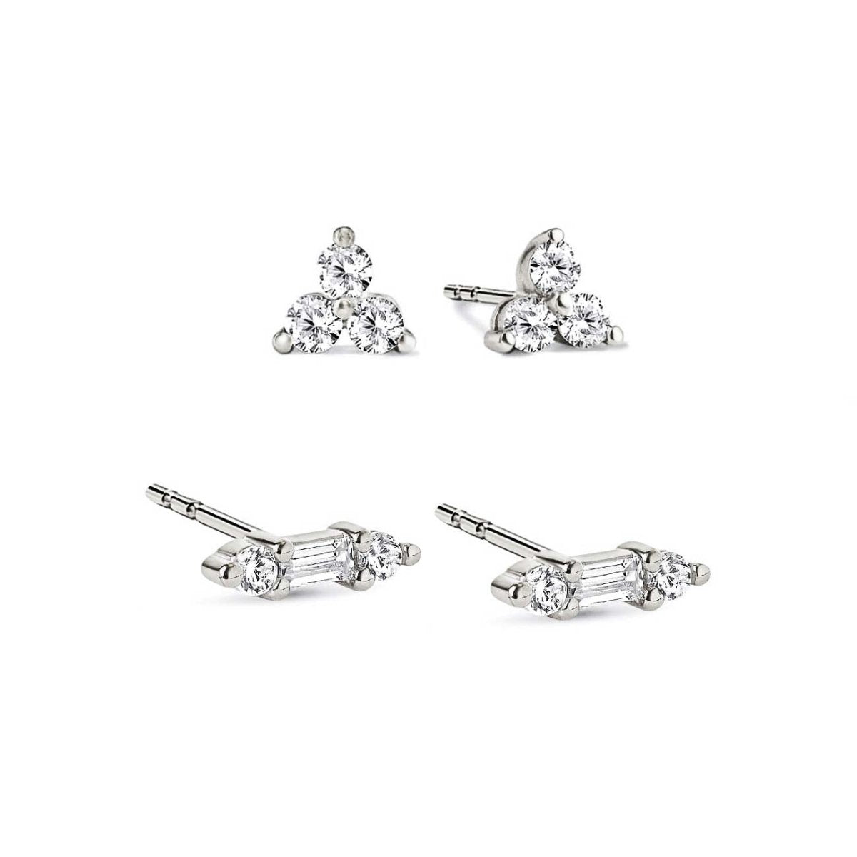 Sterling silver stud set on a white background: a trio cluster pair and a clear zirconia baguette bar pair