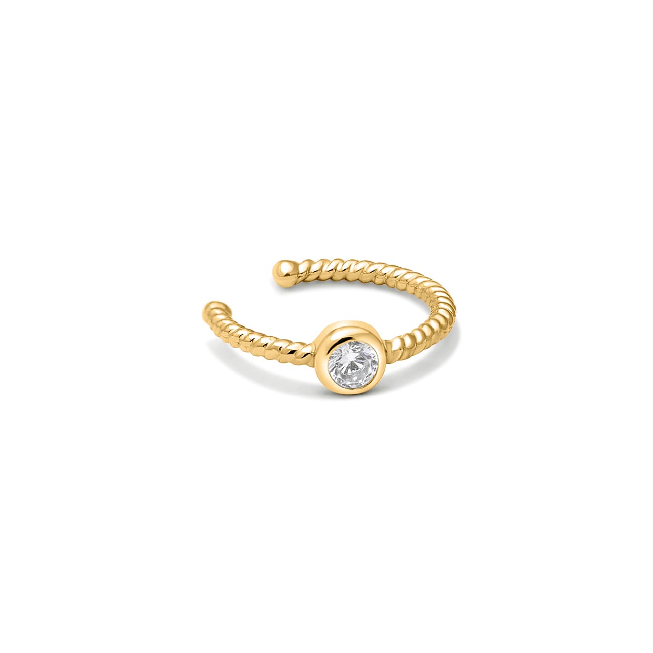 Gold vermeil twisted-rope ear cuff with a round clear stone, on a white background