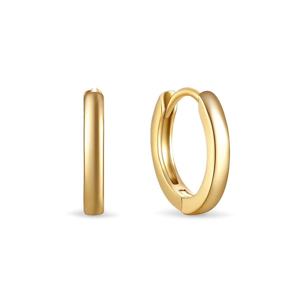 Gold vermeil huggie hoop earrings with a smooth hinged band, on a white background