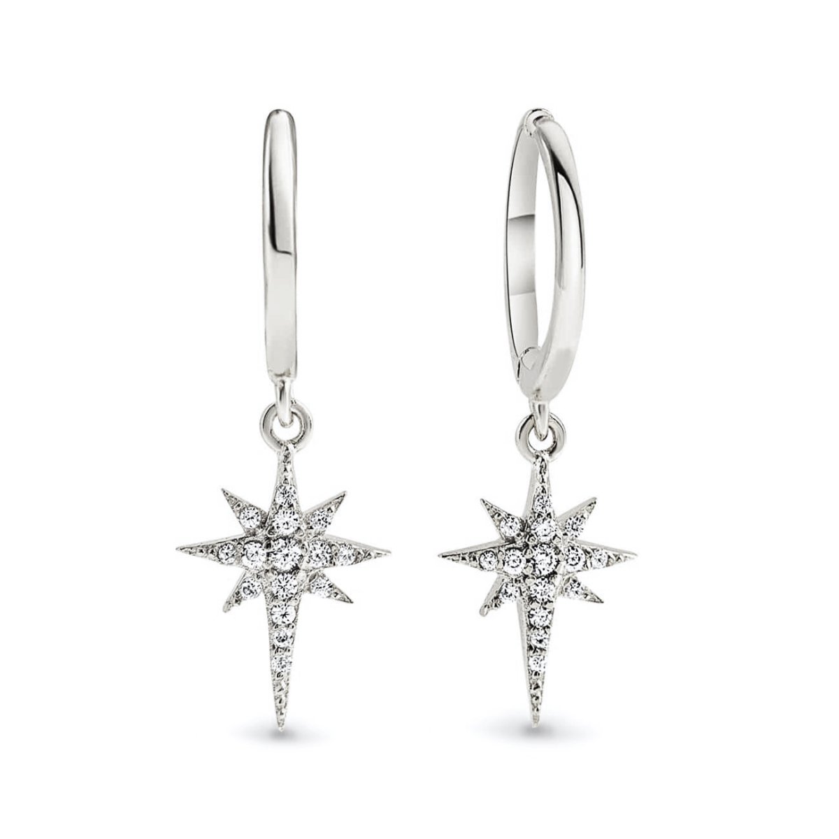 Sterling silver starburst huggie hoops with white zirconia pave star drops, on a white background