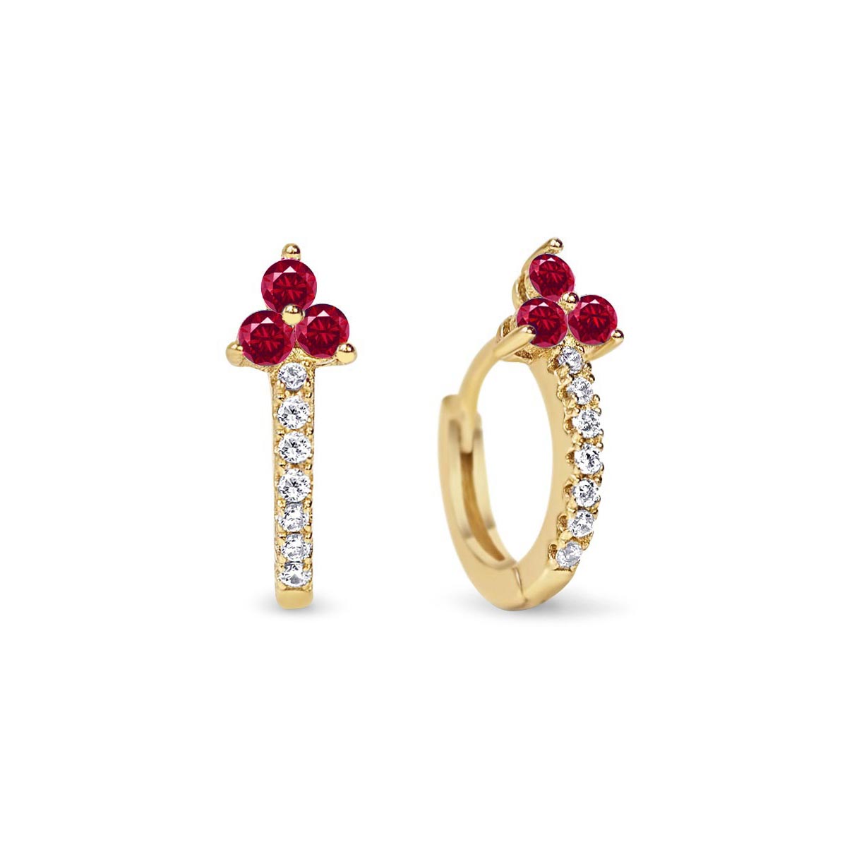 Pair of gold vermeil pave huggie hoops with a three-stone ruby cluster, on a white background