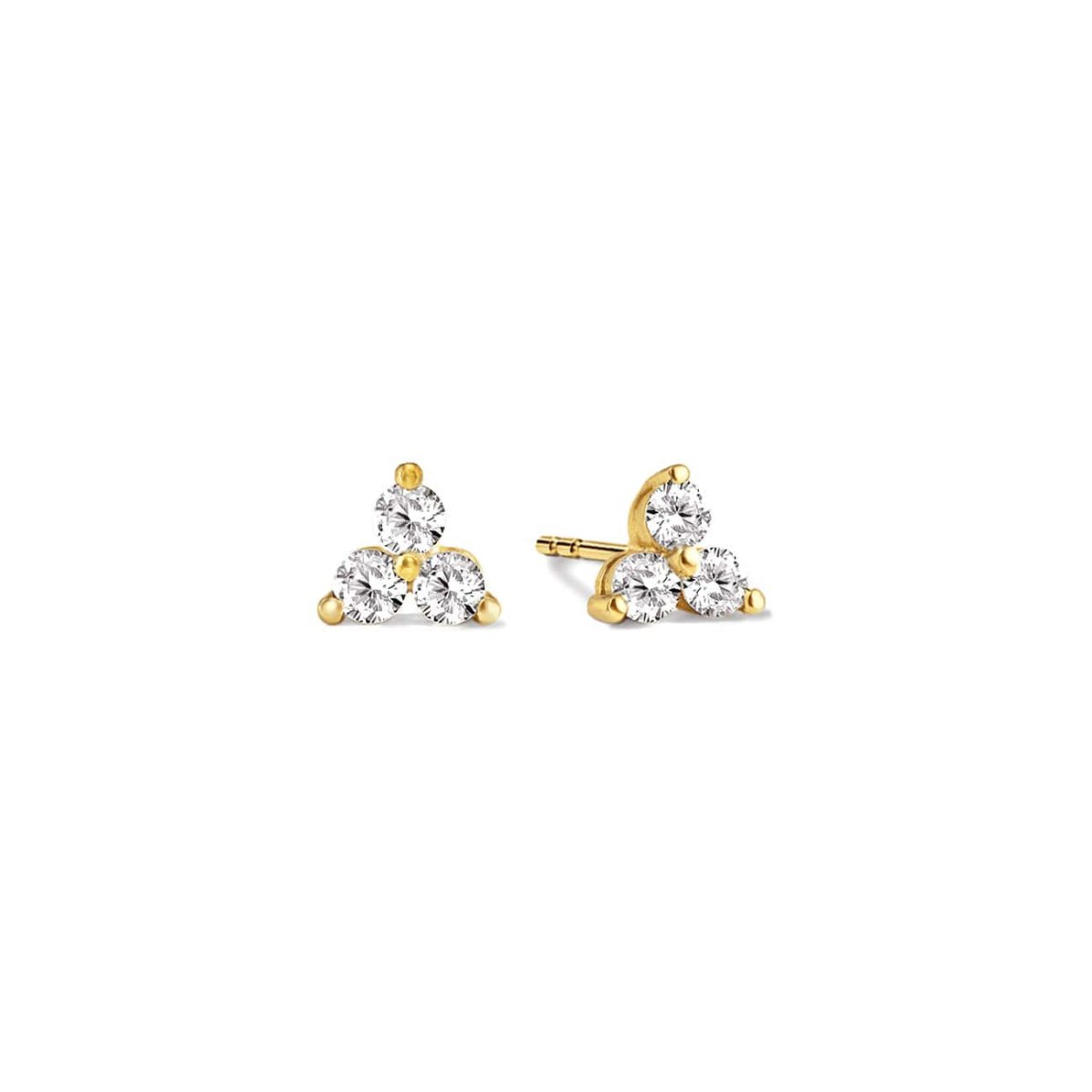 14K gold three-stone zirconia cluster stud earrings, on a white background