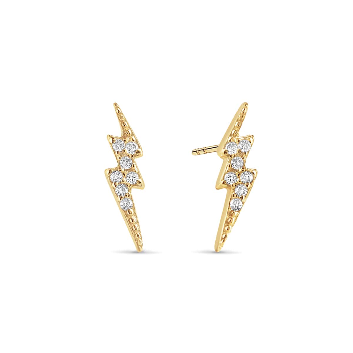 Gold vermeil lightning bolt stud earrings paved with white zirconia, on a white background