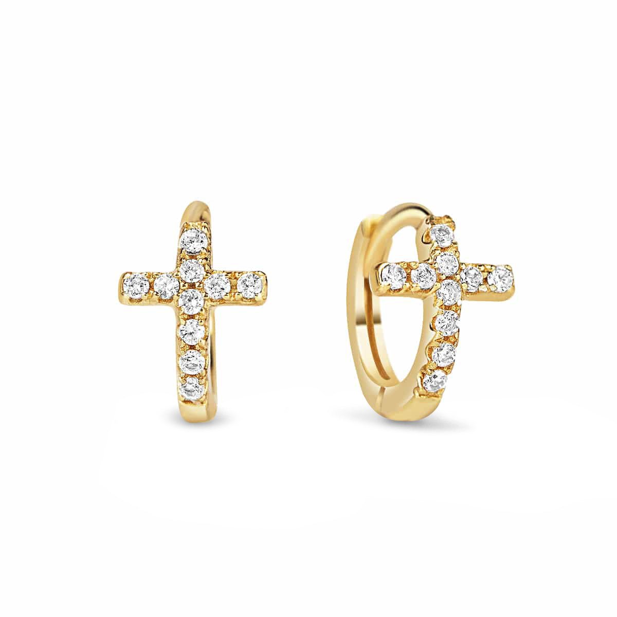 Gold vermeil huggie hoops with pavé clear-crystal crosses, close-up detail on a white background