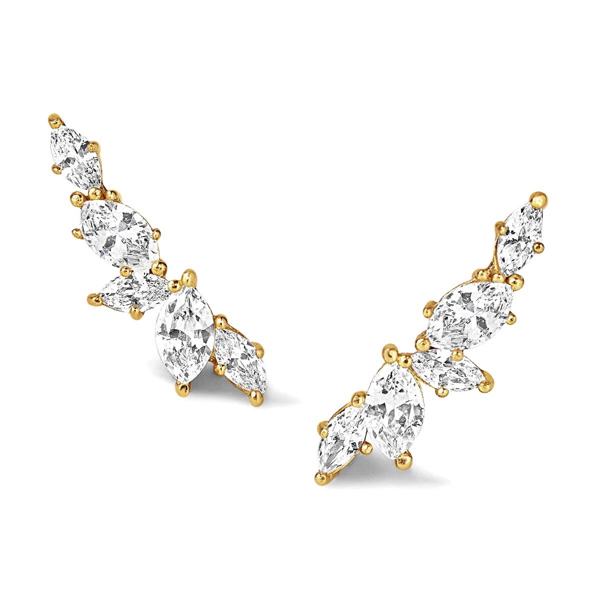 Pair of gold vermeil ear climbers with marquise white zirconia stones, on a white background
