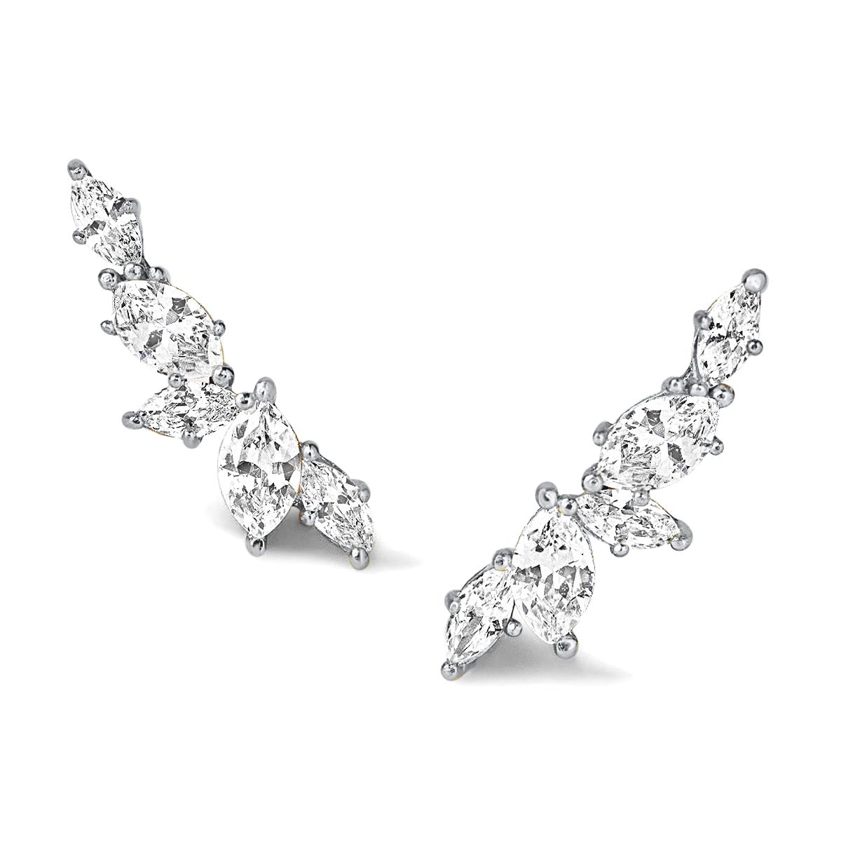 Pair of sterling silver ear climbers with marquise white zirconia stones, on a white background
