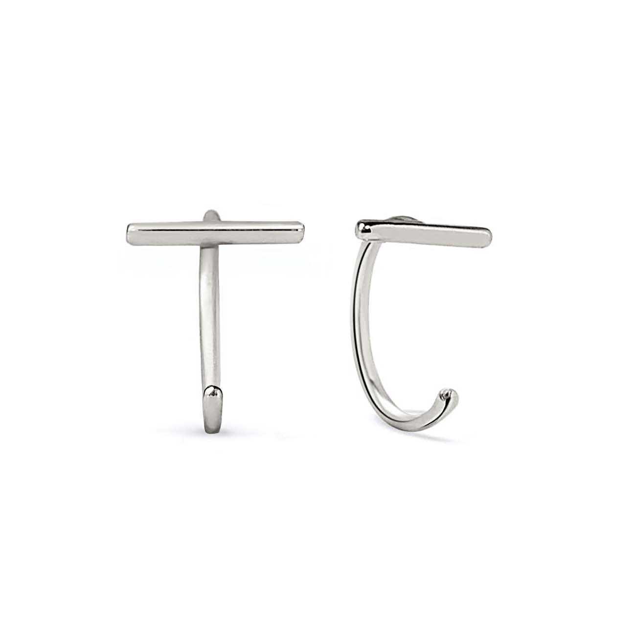 Sterling silver bar huggie earrings, one front T-bar view and one open hook profile, on a white background