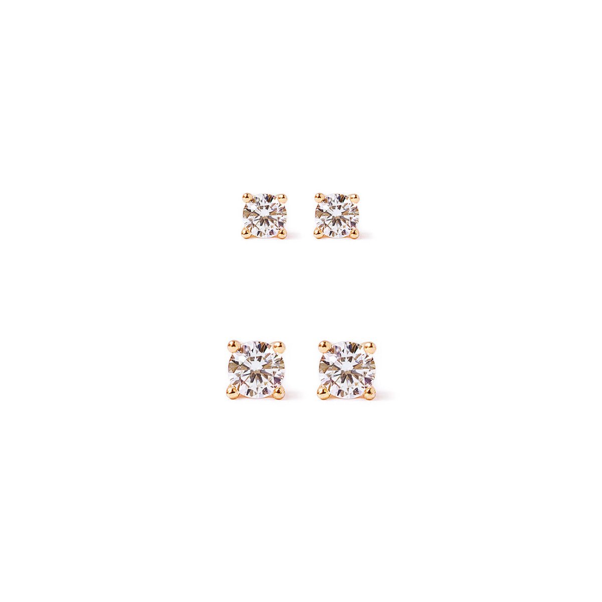 Set of rose gold vermeil stud earrings with clear zirconia stones, on a white background
