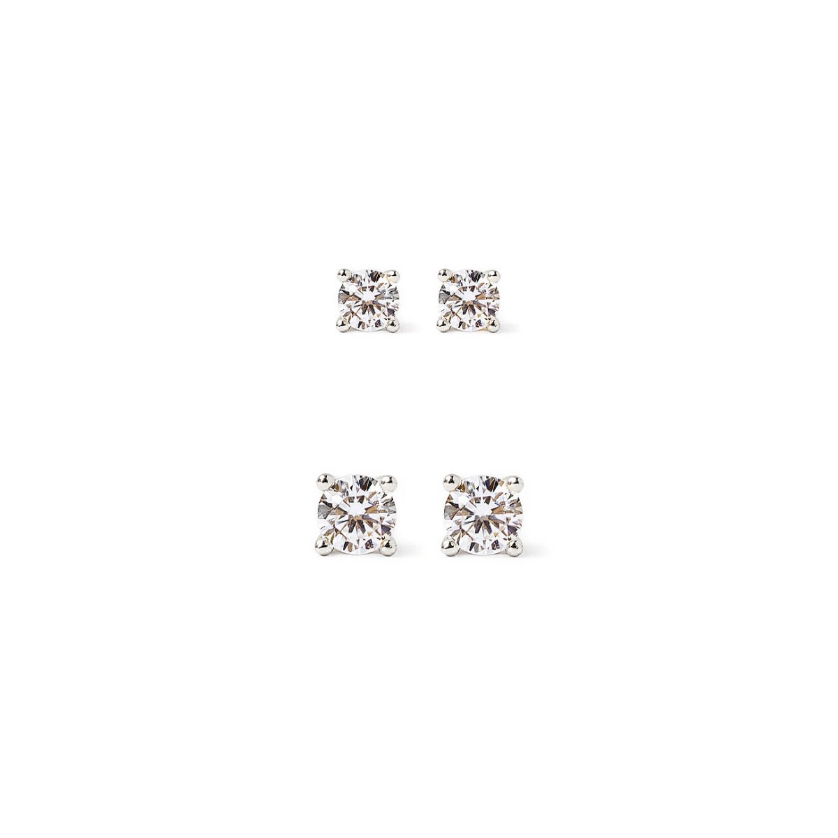 Set of sterling silver stud earrings with clear zirconia stones, on a white background