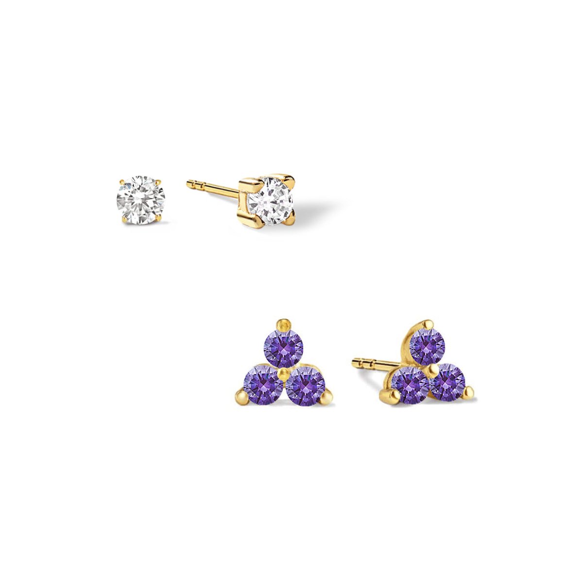 Gold vermeil amethyst studs: a clear solitaire stud and a three-stone purple cluster, on a white background