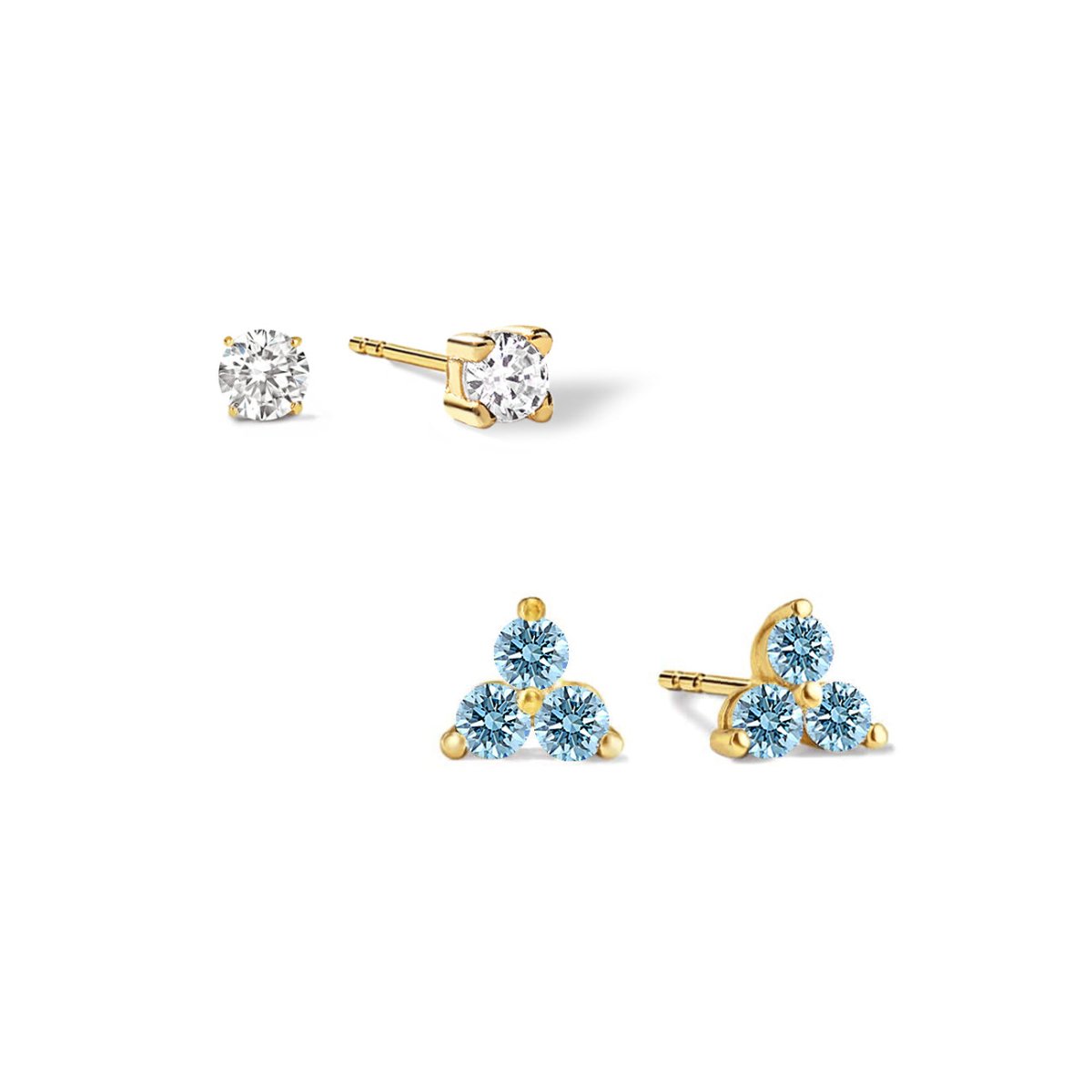 Gold vermeil aquamarine studs: a clear solitaire and a three-stone light-blue cluster, on a white background