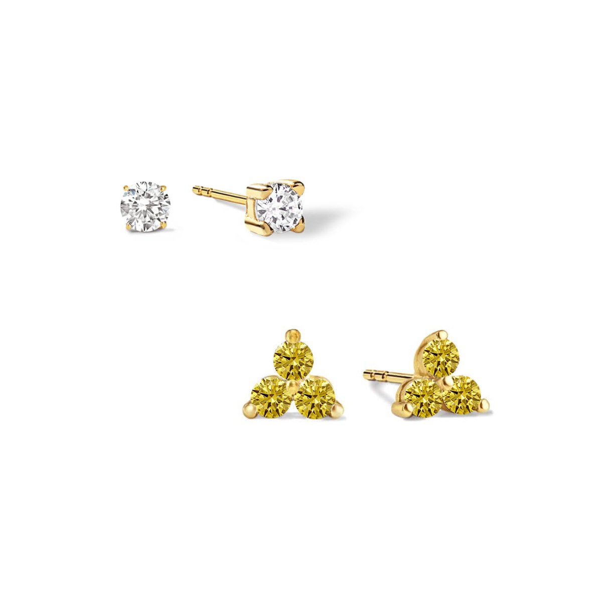 Gold vermeil birthstone studs set: a clear solitaire and a three-stone yellow citrine cluster stud, on a white background