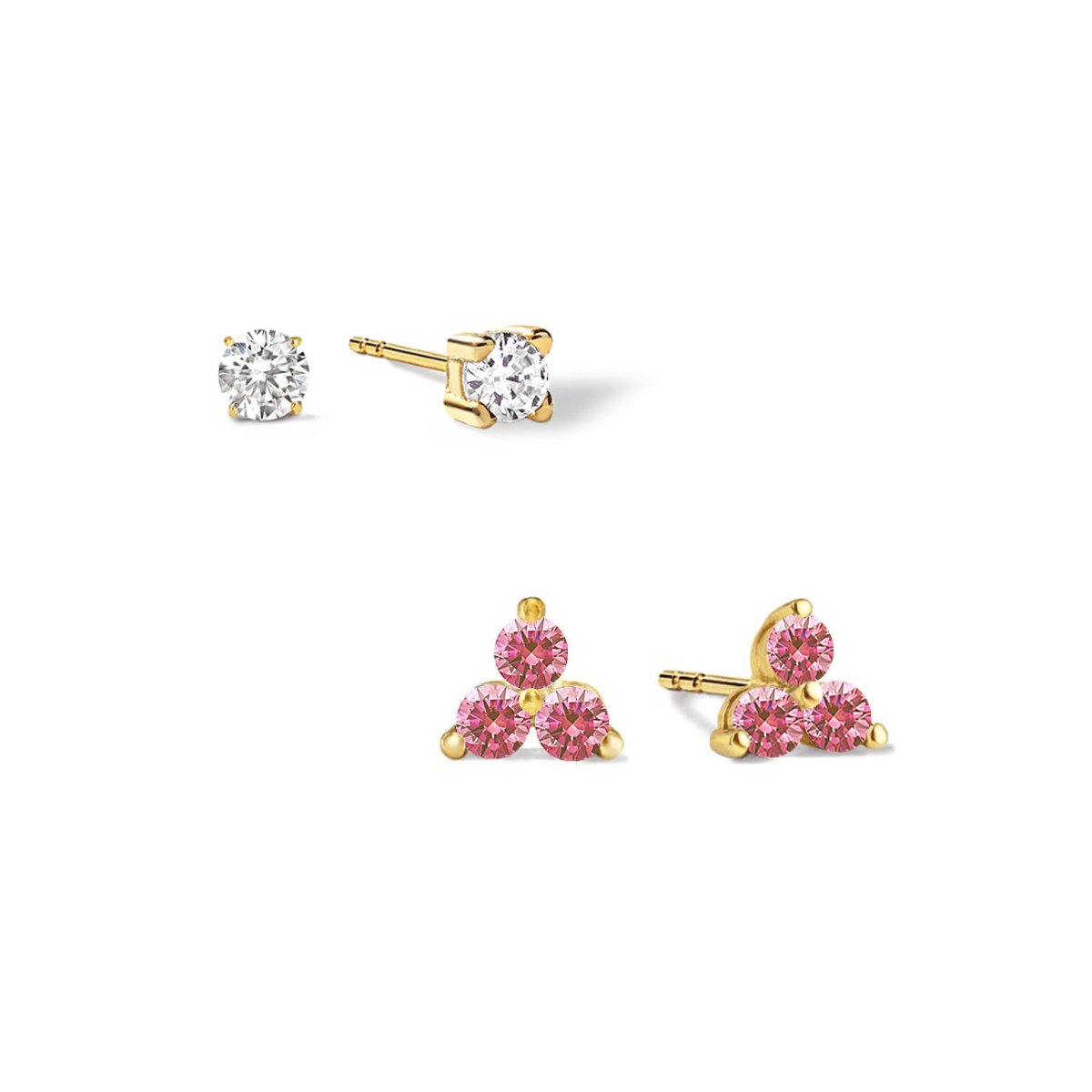 Gold vermeil studs set: a clear solitaire and a three-stone pink fuchsia sapphire cluster stud, on a white background