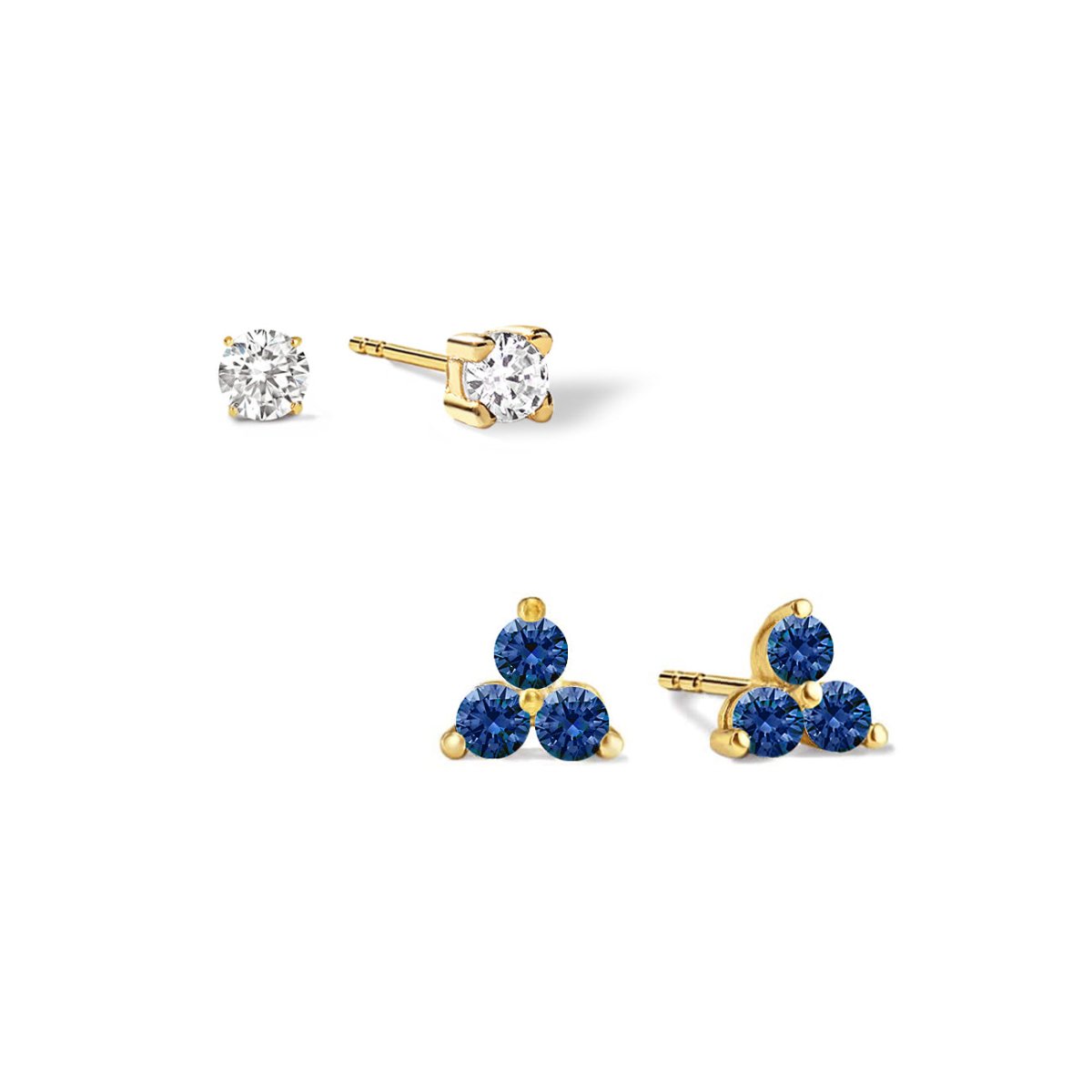 Gold vermeil blue sapphire studs: a clear solitaire and a three-stone blue cluster, on a white background