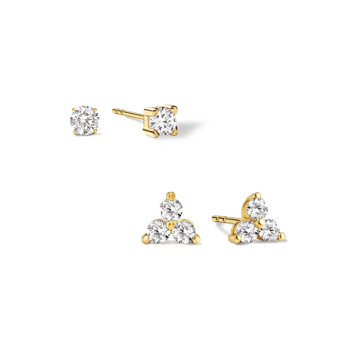 Gold vermeil round solitaire and three-stone clover stud earring set, on a white background