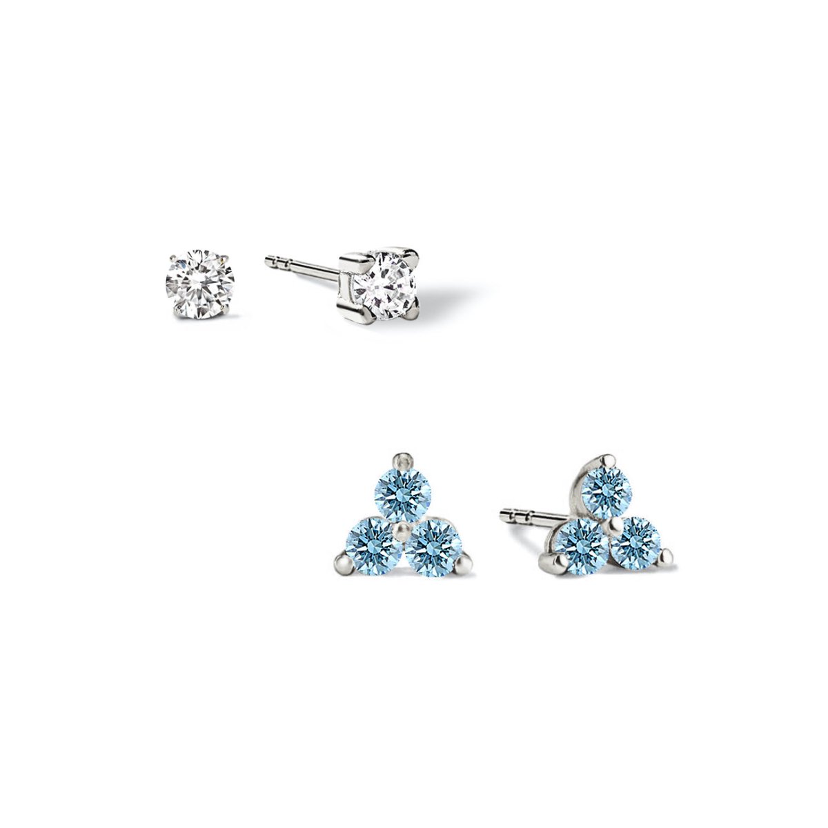 Sterling silver aquamarine studs: a clear solitaire and a three-stone light-blue cluster, on a white background