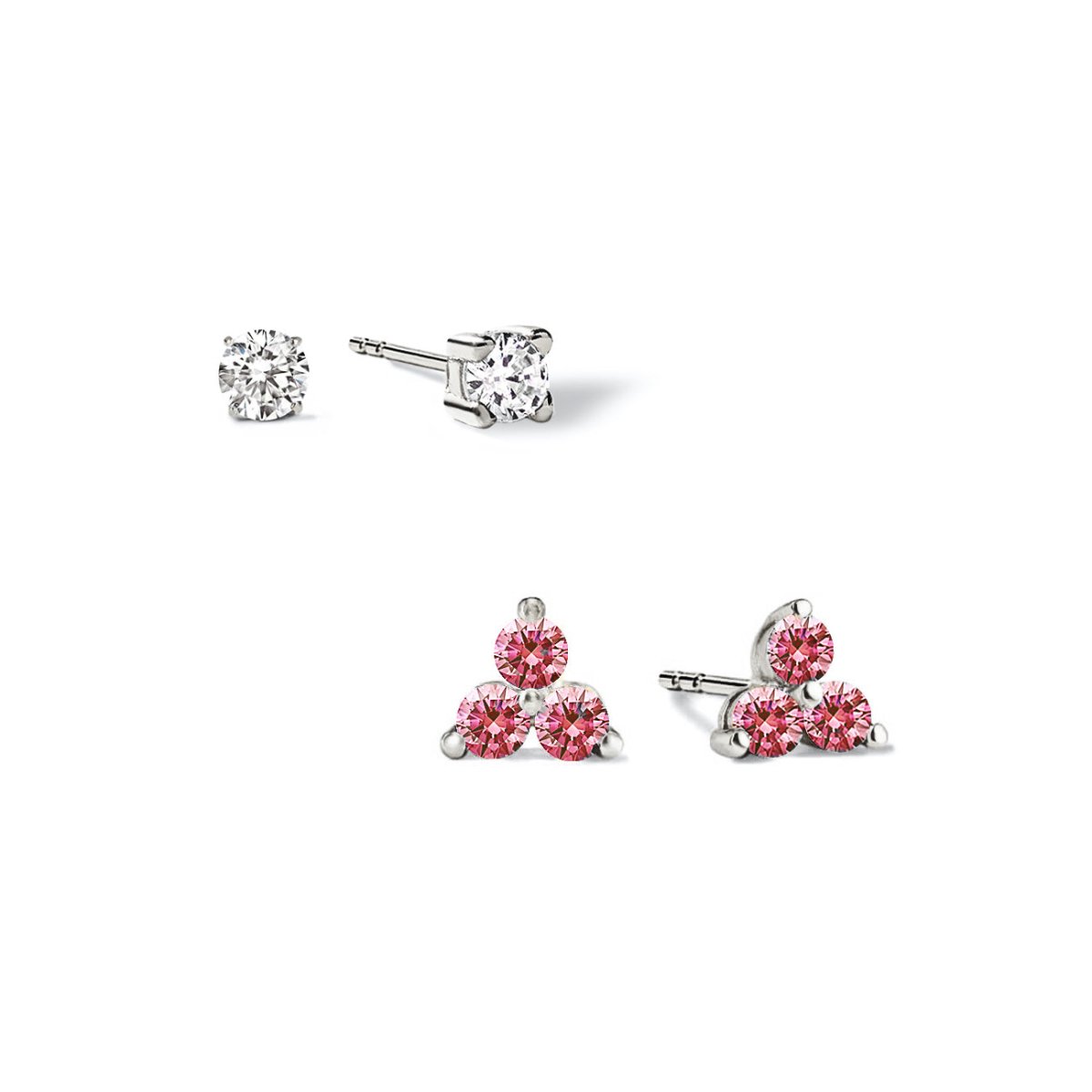 Sterling silver studs set: a clear solitaire stud and a three-stone pink fuchsia sapphire cluster stud, on a white background