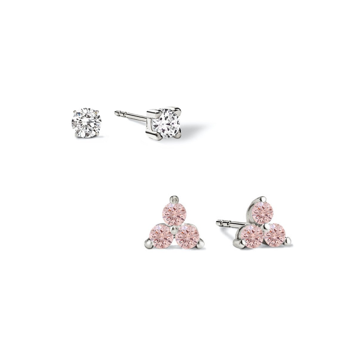 Sterling silver studs set: a clear solitaire stud and a three-stone pink sapphire cluster stud, on a white background