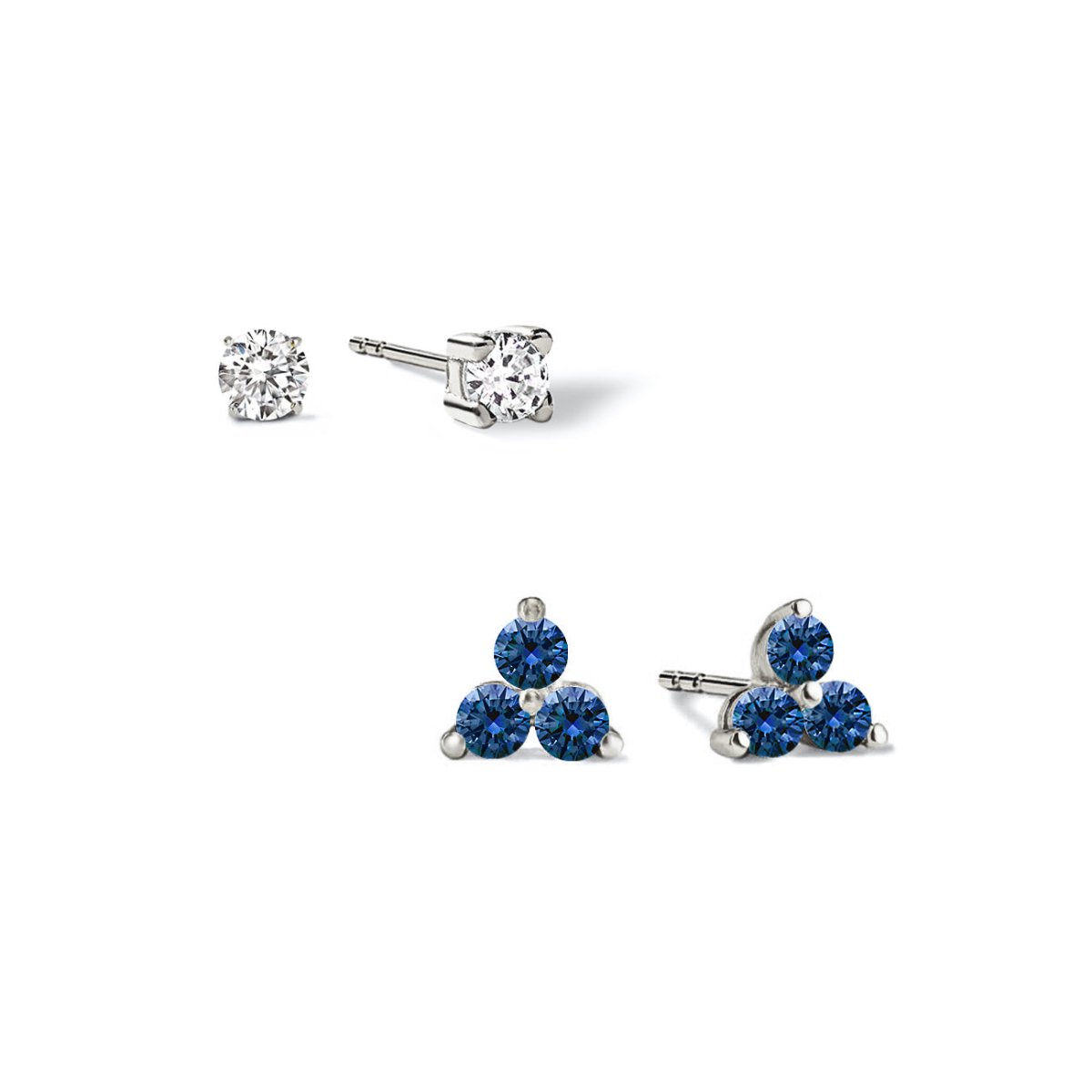 Sterling silver blue sapphire studs: a clear solitaire and a three-stone blue cluster, on a white background