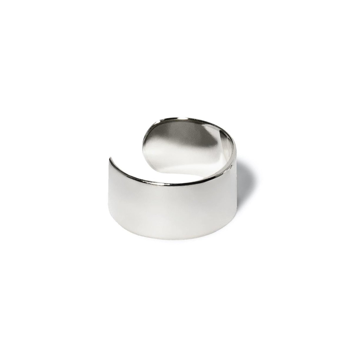 Sterling silver wide ear cuff with a smooth open band, on a white background