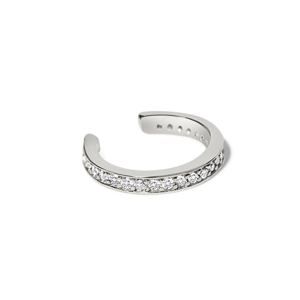 Sterling silver pavé ear cuff set with white zirconia, on a white background